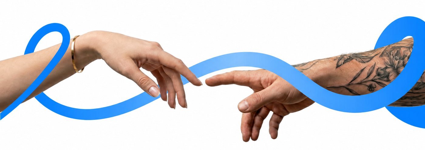 Two hands reaching towards each other, linked by the brand ribbon